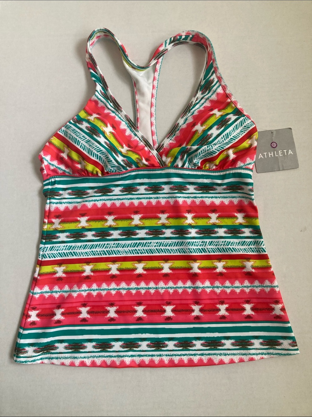 Athleta Coral, Teal & Yellow Striped Racerback Tankini Top